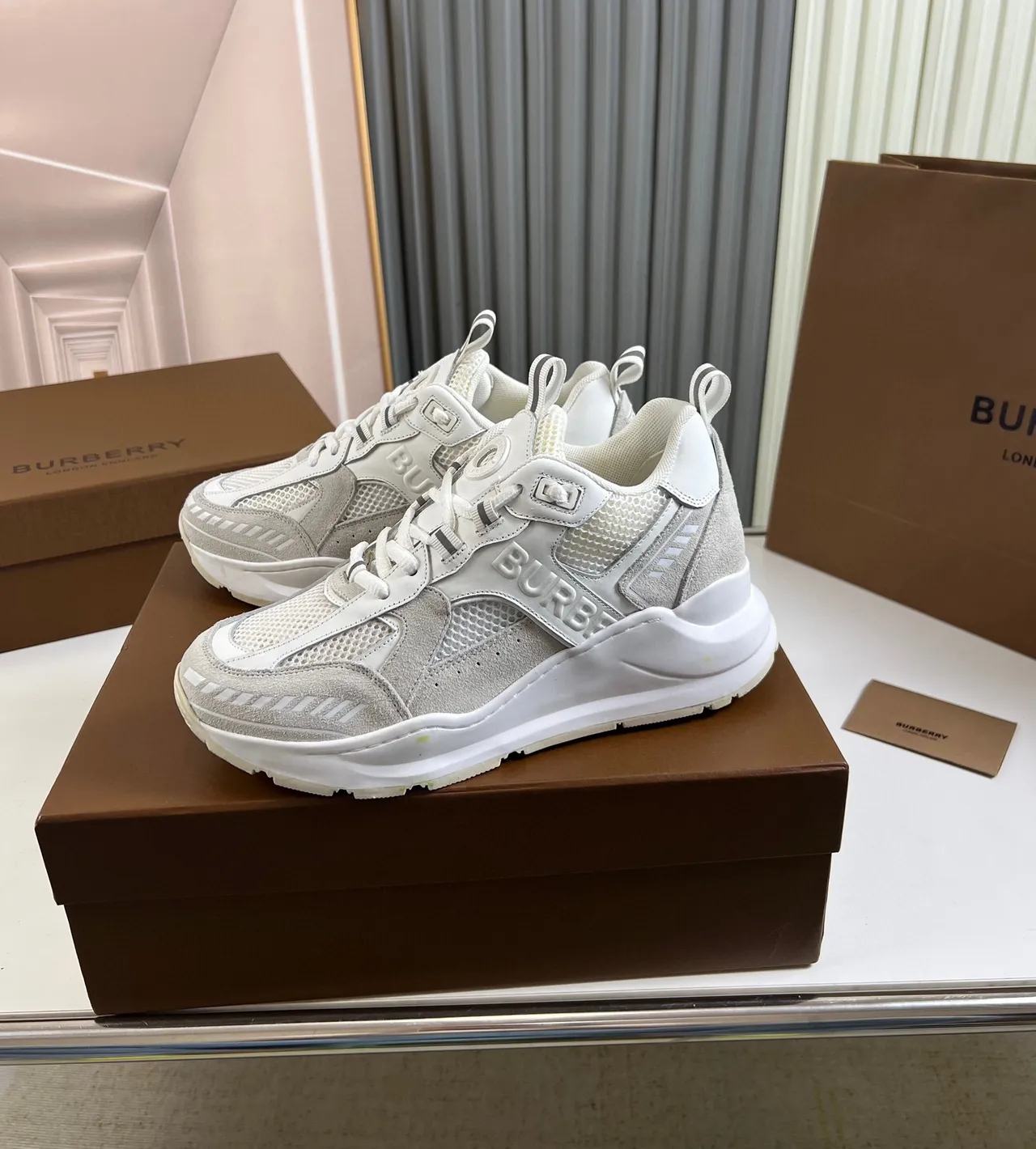 Burberry White Gray Sole Mesh And Suede-Like Paneling Chunky Sneakers 8