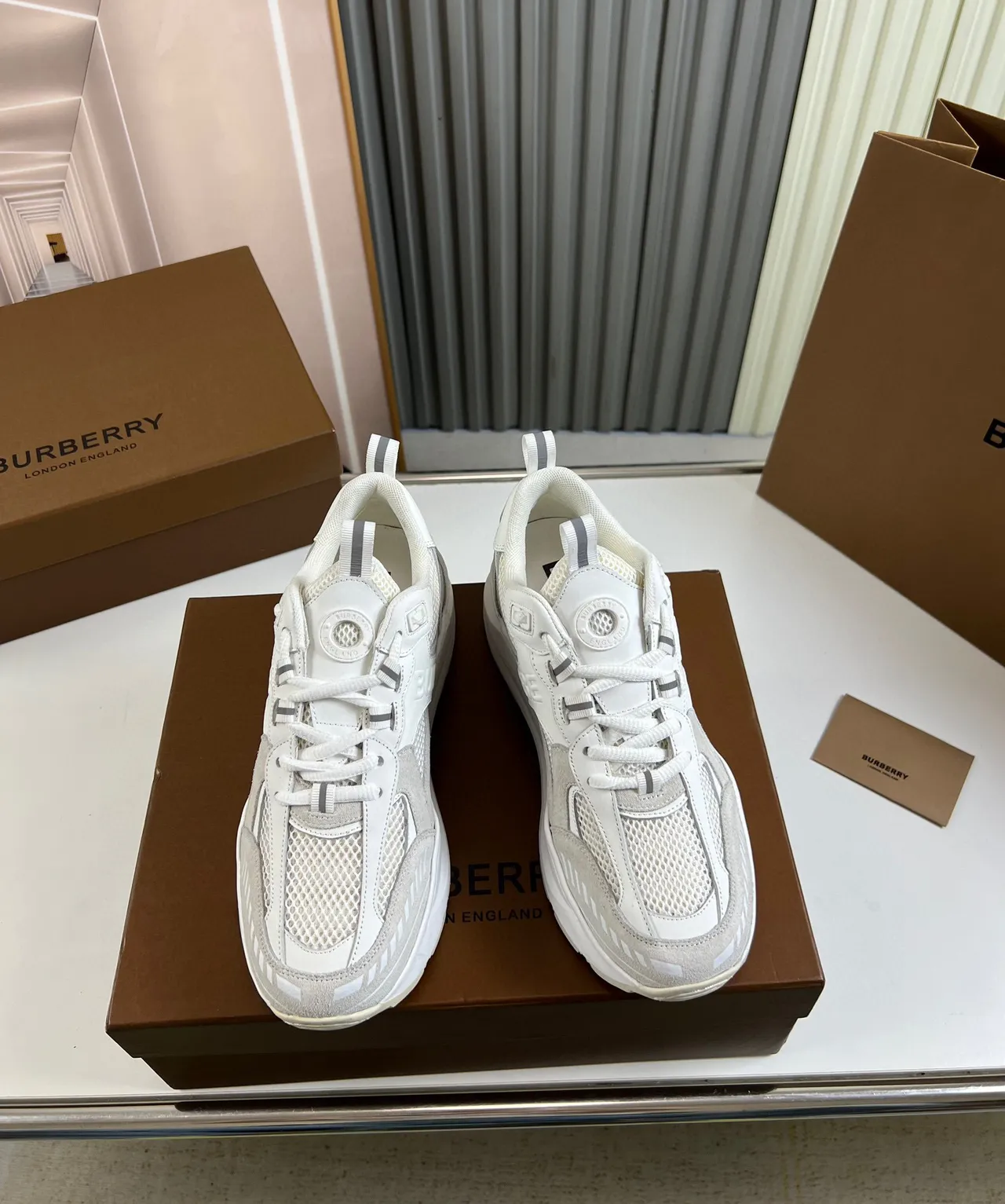 Burberry White Gray Sole Mesh And Suede-Like Paneling Chunky Sneakers 9