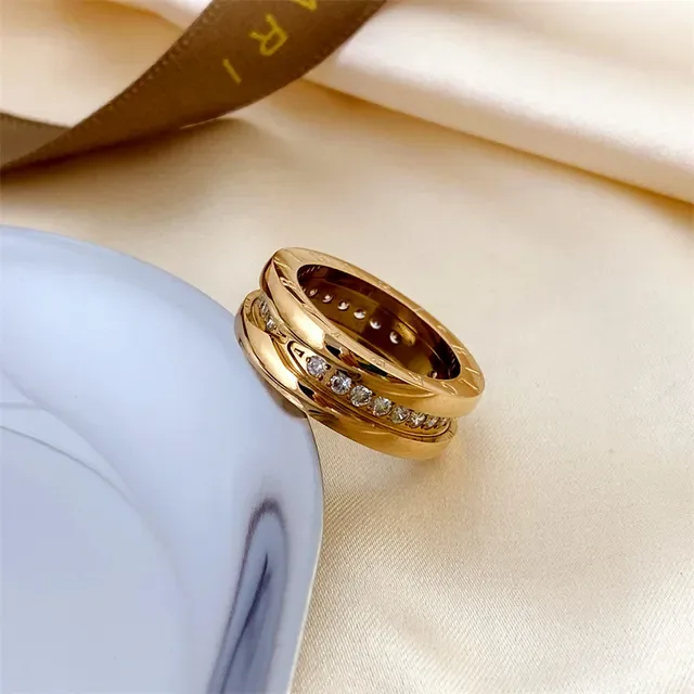 Bvlgari B.zero1 Gold Silver Engraved Logo Band Pavé-Set Stones Ring 2