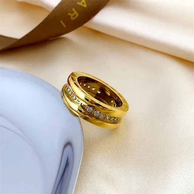 Bvlgari B.zero1 Gold Silver Engraved Logo Band Pavé-Set Stones Ring 3