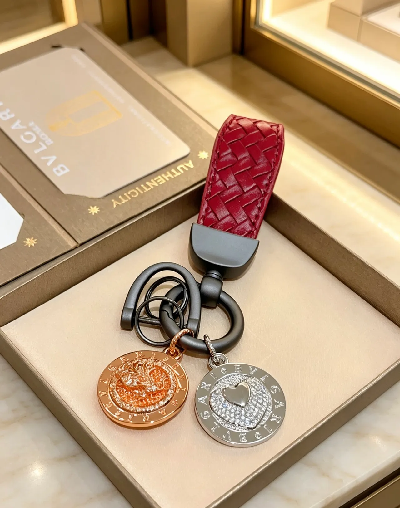 Bvlgari Dual Medallion Charm Keyring Red Gold Woven Leather Strap Coin Medallions Jewelry 2