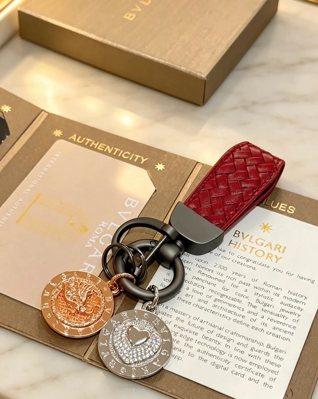 Bvlgari Dual Medallion Charm Keyring Red Gold Woven Leather Strap Coin Medallions Jewelry 3