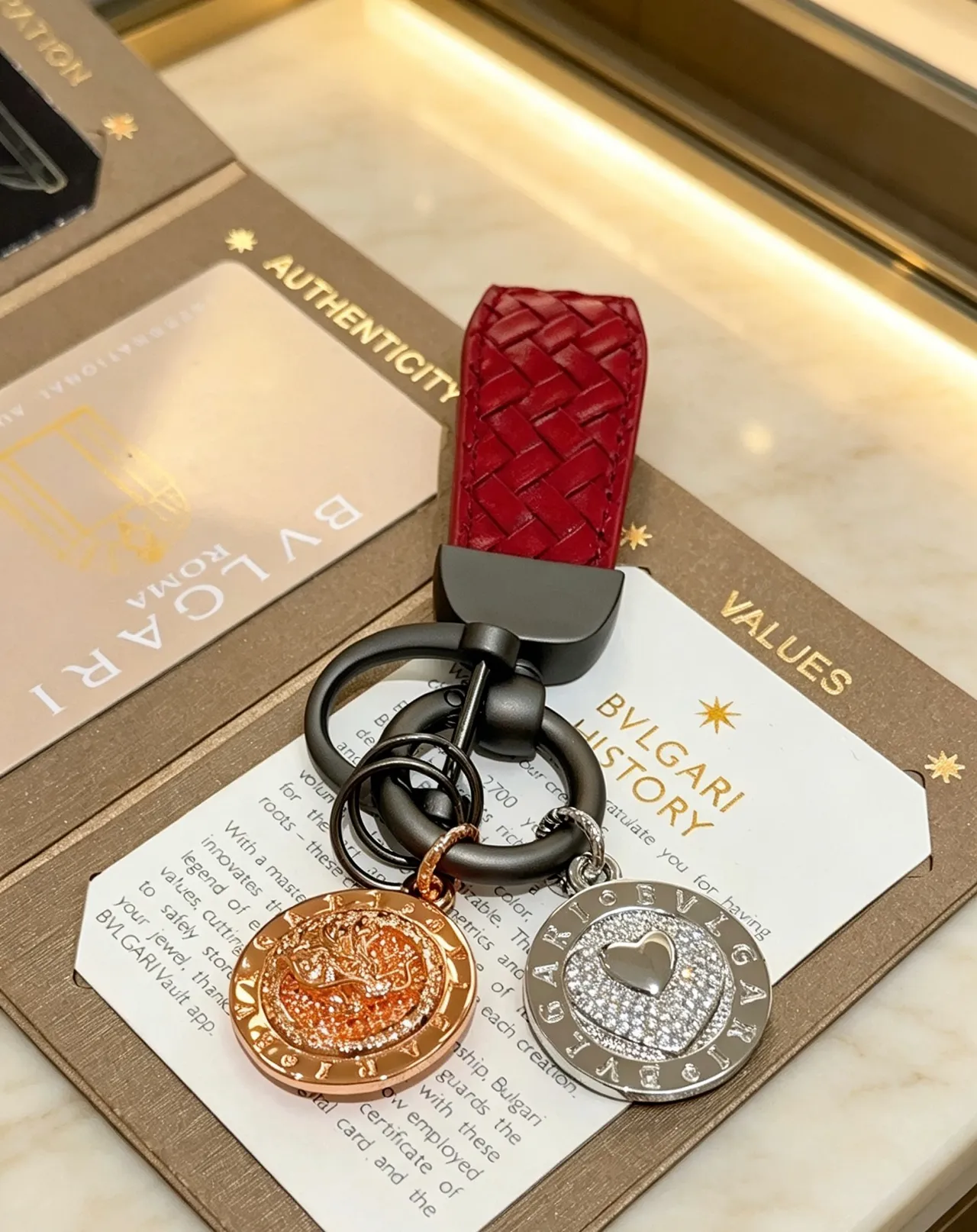 Bvlgari Dual Medallion Charm Keyring Red Gold Woven Leather Strap Coin Medallions Jewelry 4