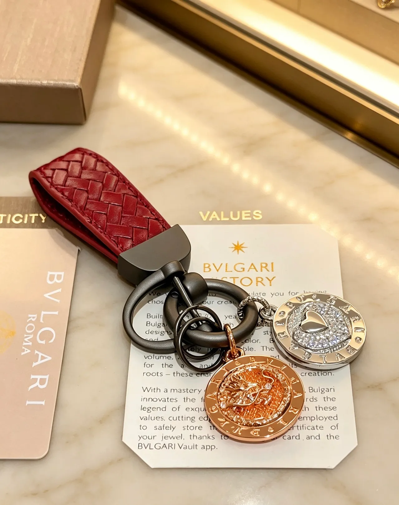 Bvlgari Dual Medallion Charm Keyring Red Gold Woven Leather Strap Coin Medallions Jewelry 5