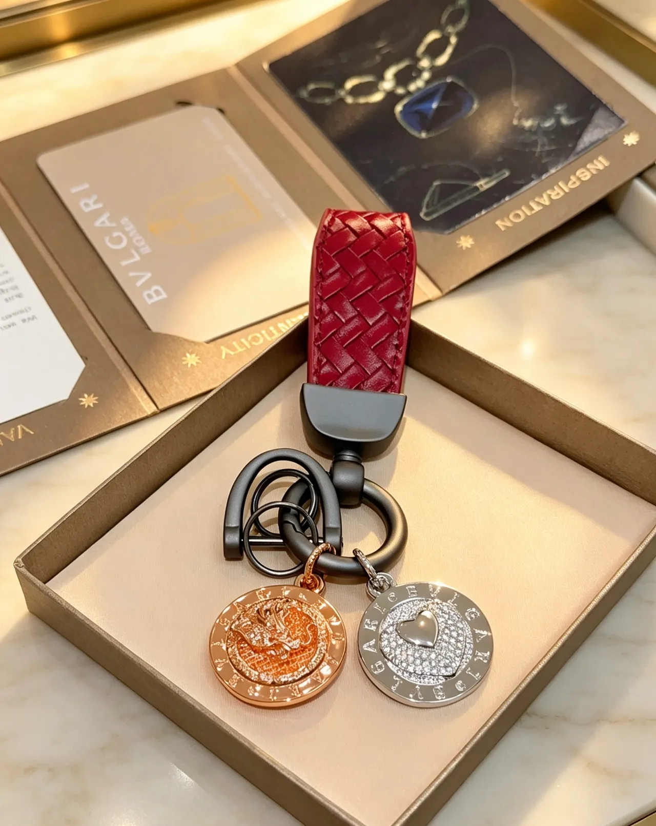 Bvlgari Dual Medallion Charm Keyring Red Gold Woven Leather Strap Coin Medallions Jewelry 6