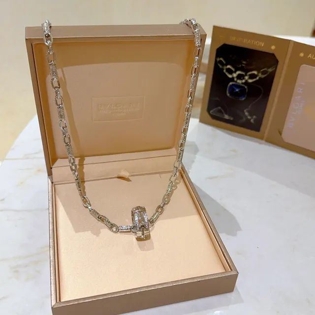 Bvlgari فضة ذهب Pavé-Set الماس سلسلة إبزيم مزدوج حلقات دوار قلادة 3