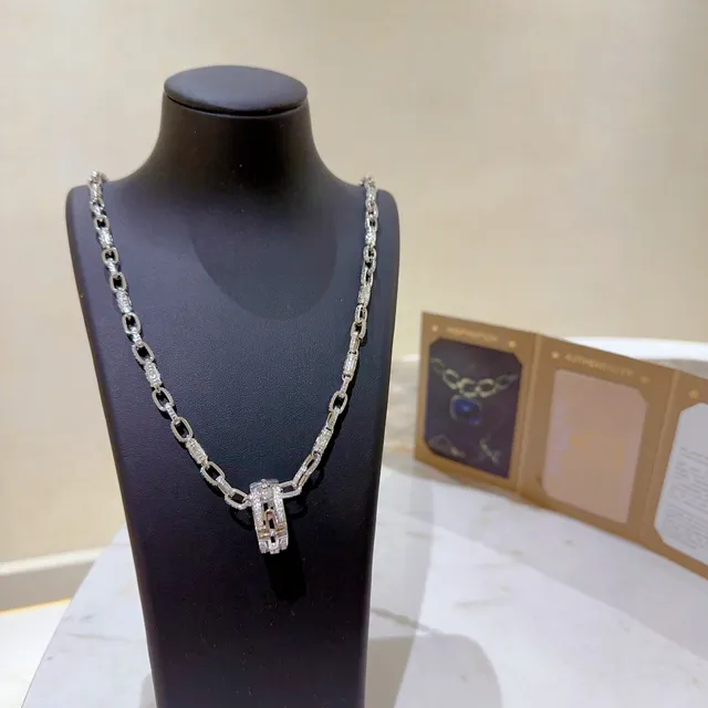 Bvlgari فضة ذهب Pavé-Set الماس سلسلة إبزيم مزدوج حلقات دوار قلادة 4
