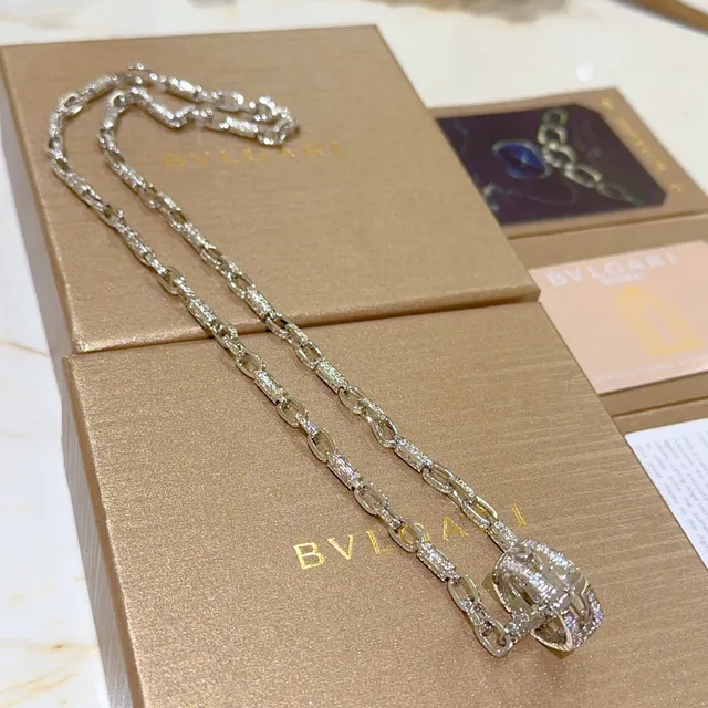 Bvlgari فضة ذهب Pavé-Set الماس سلسلة إبزيم مزدوج حلقات دوار قلادة 6