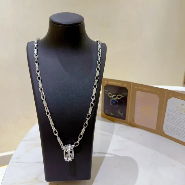 Bvlgari فضة ذهب Pavé-Set الماس سلسلة إبزيم مزدوج حلقات دوار قلادة 8