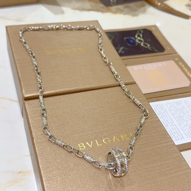 Bvlgari فضة ذهب Pavé-Set الماس سلسلة إبزيم مزدوج حلقات دوار قلادة 9