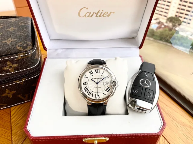 Cartier Ballon Bleu Silver Black Cushion-Shaped Case Blue Sapphire Cabochon Crown Mechanical Watch 5