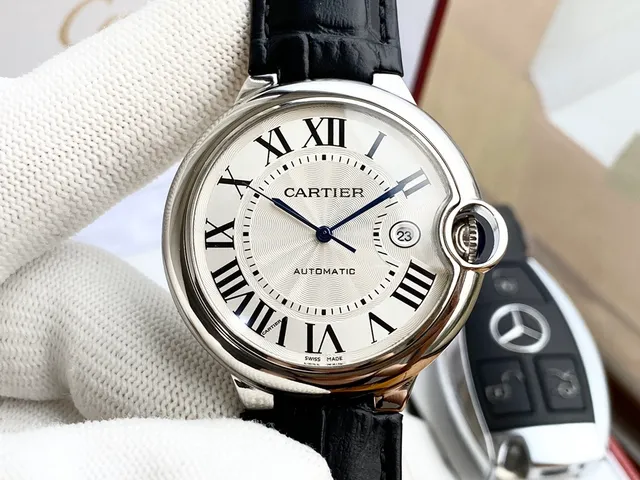 Cartier Ballon Bleu Silver Black Cushion-Shaped Case Blue Sapphire Cabochon Crown Mechanical Watch 9