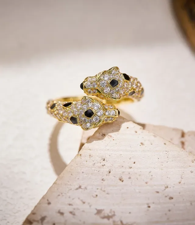 Cartier Panthère Double Panther Head Pavé Diamond Onyx Emerald Ring 8