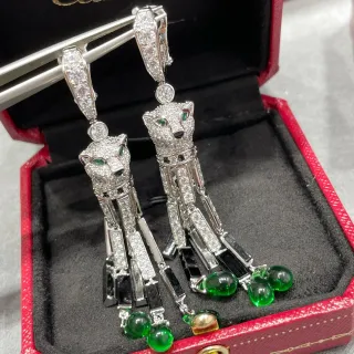 Cartier Panthère Panther Motif Diamond and Green Cabochon Earrings