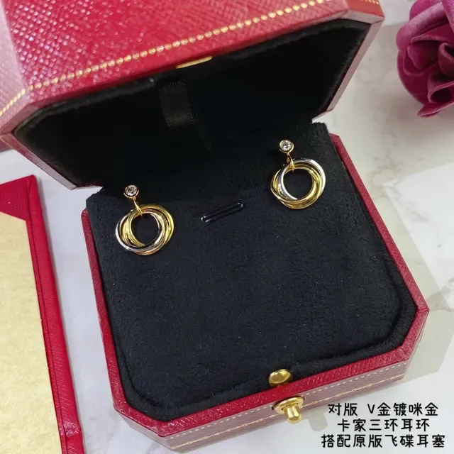 Cartier Trinity Gold Silver Triple Interlocking Hoops Single Stone Stud Earrings 3