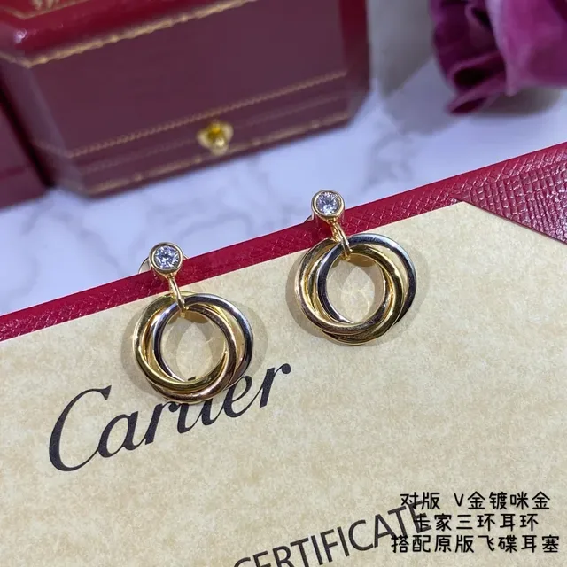 Cartier Trinity Gold Silver Triple Interlocking Hoops Single Stone Stud Earrings 8