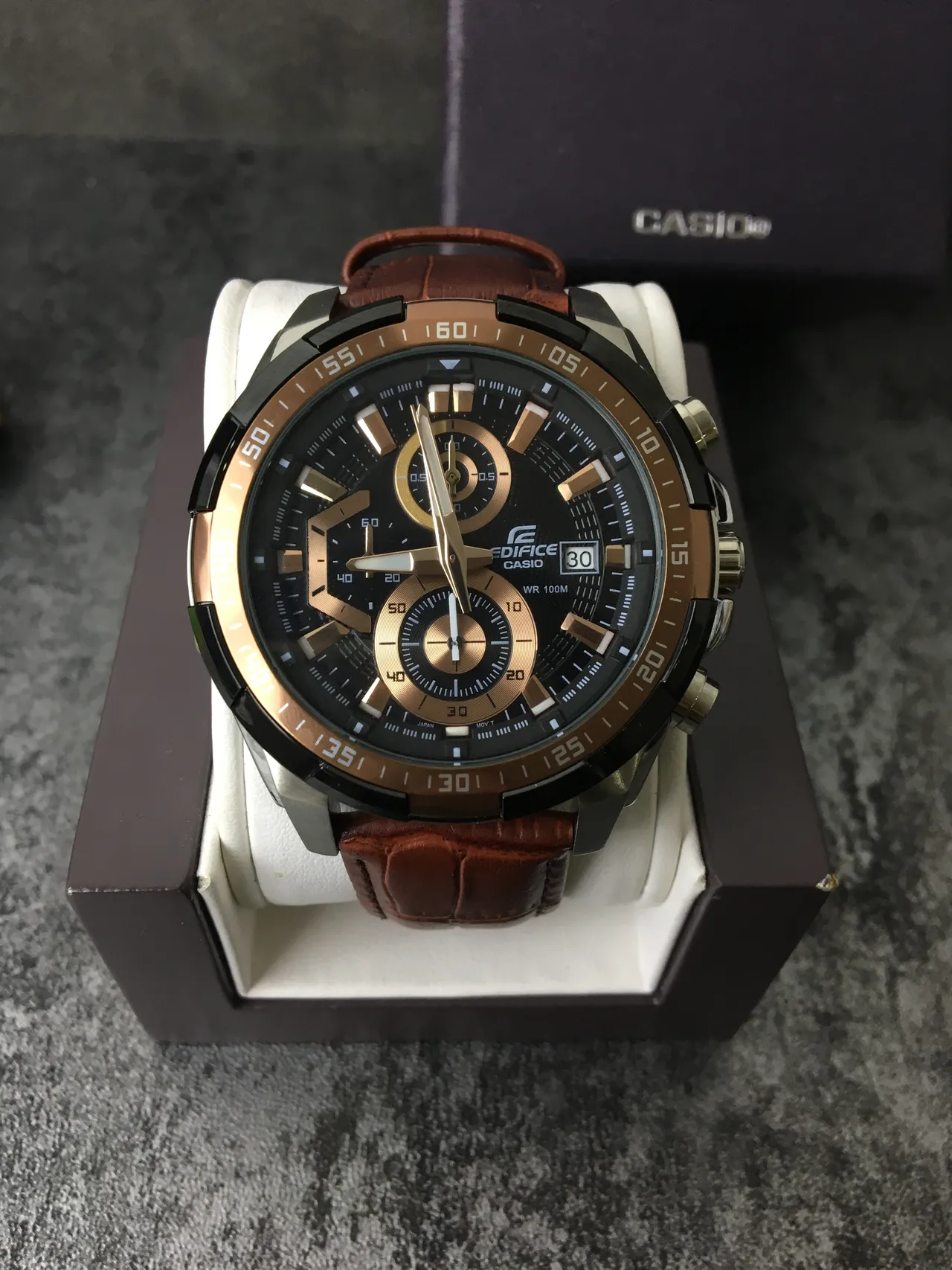 Casio Edifice Chronograph Black Dial Brown Leather Strap Quartz Watch 2