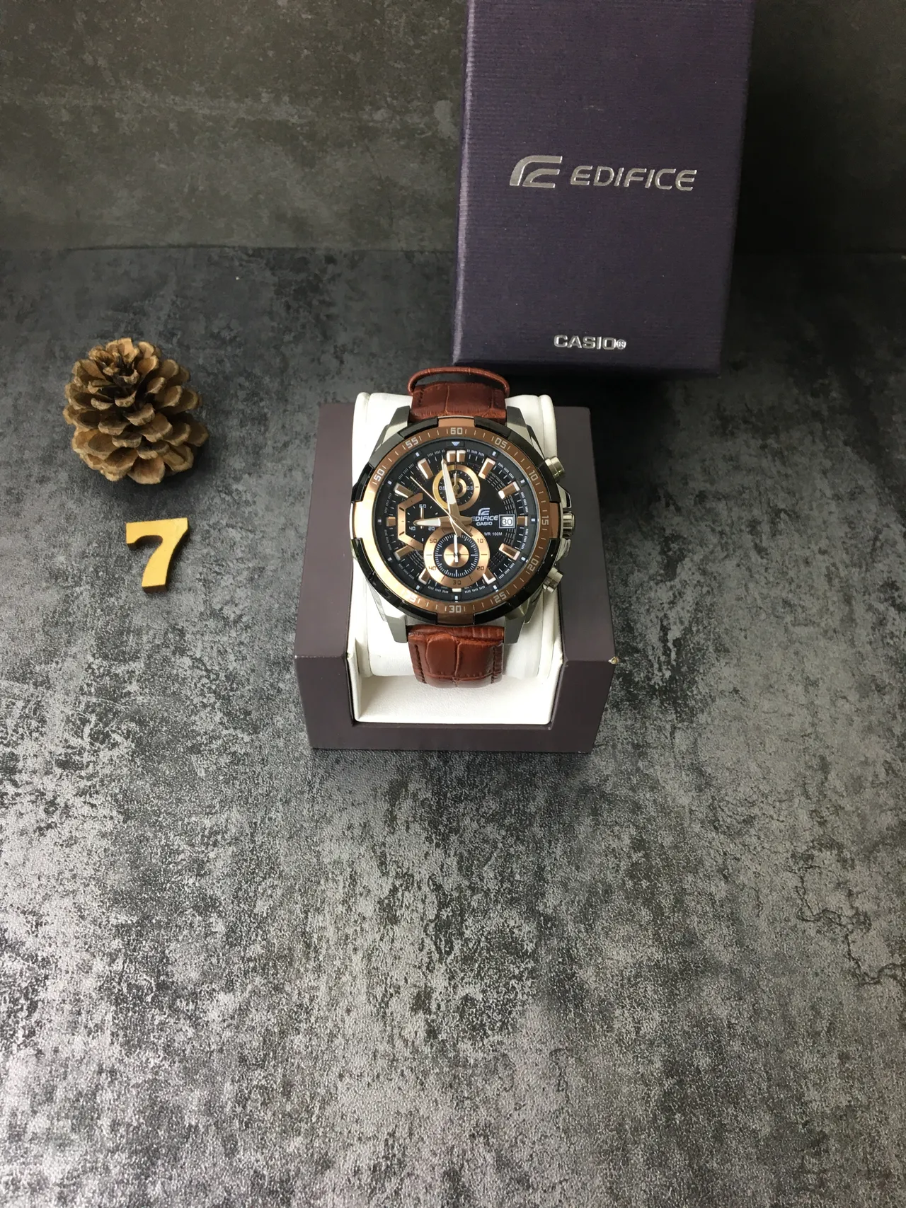 Casio Edifice Chronograph Black Dial Brown Leather Strap Quartz Watch 3