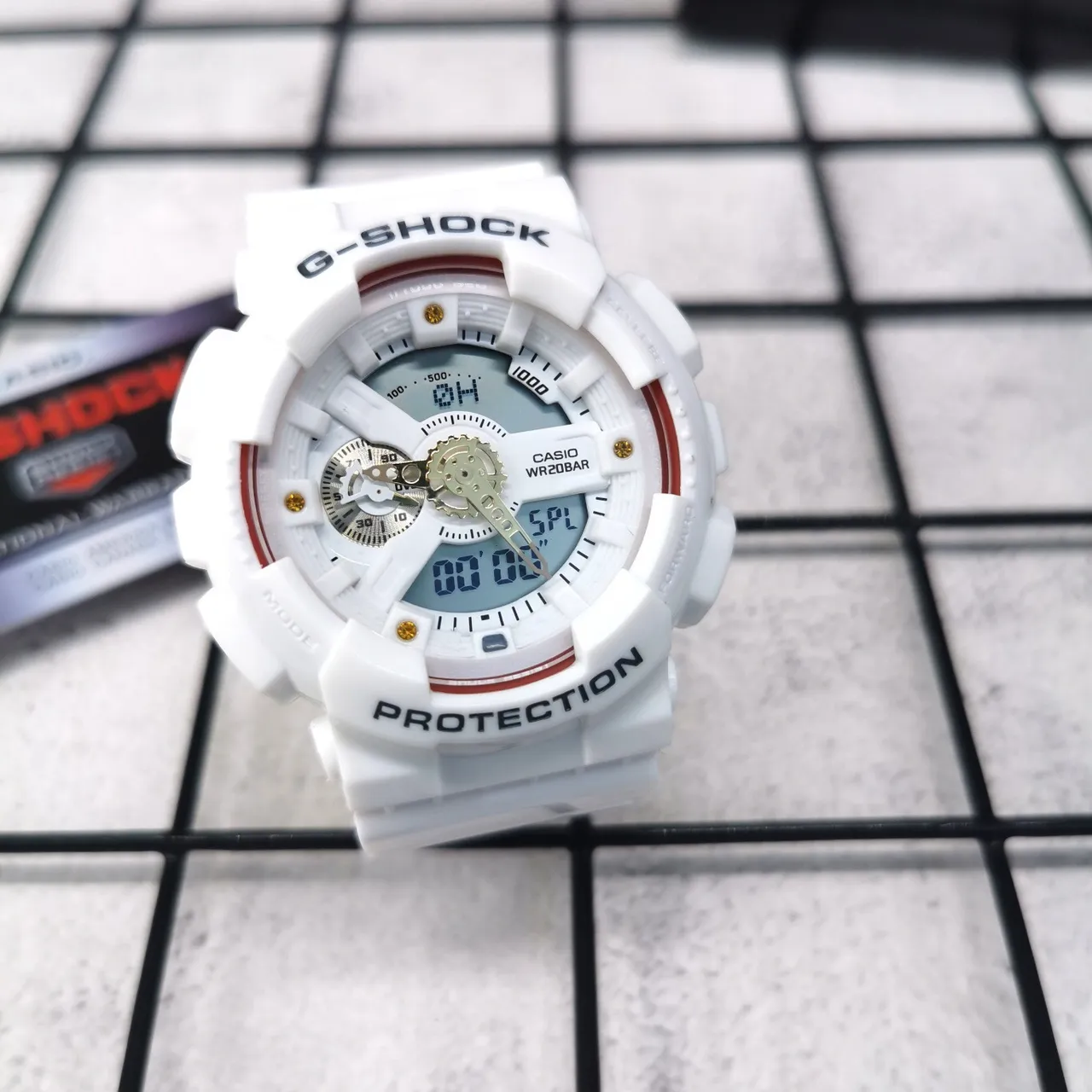Casio G-Shock White Red Analog-Digital Hybrid Exposed Gear Detail Watch 2