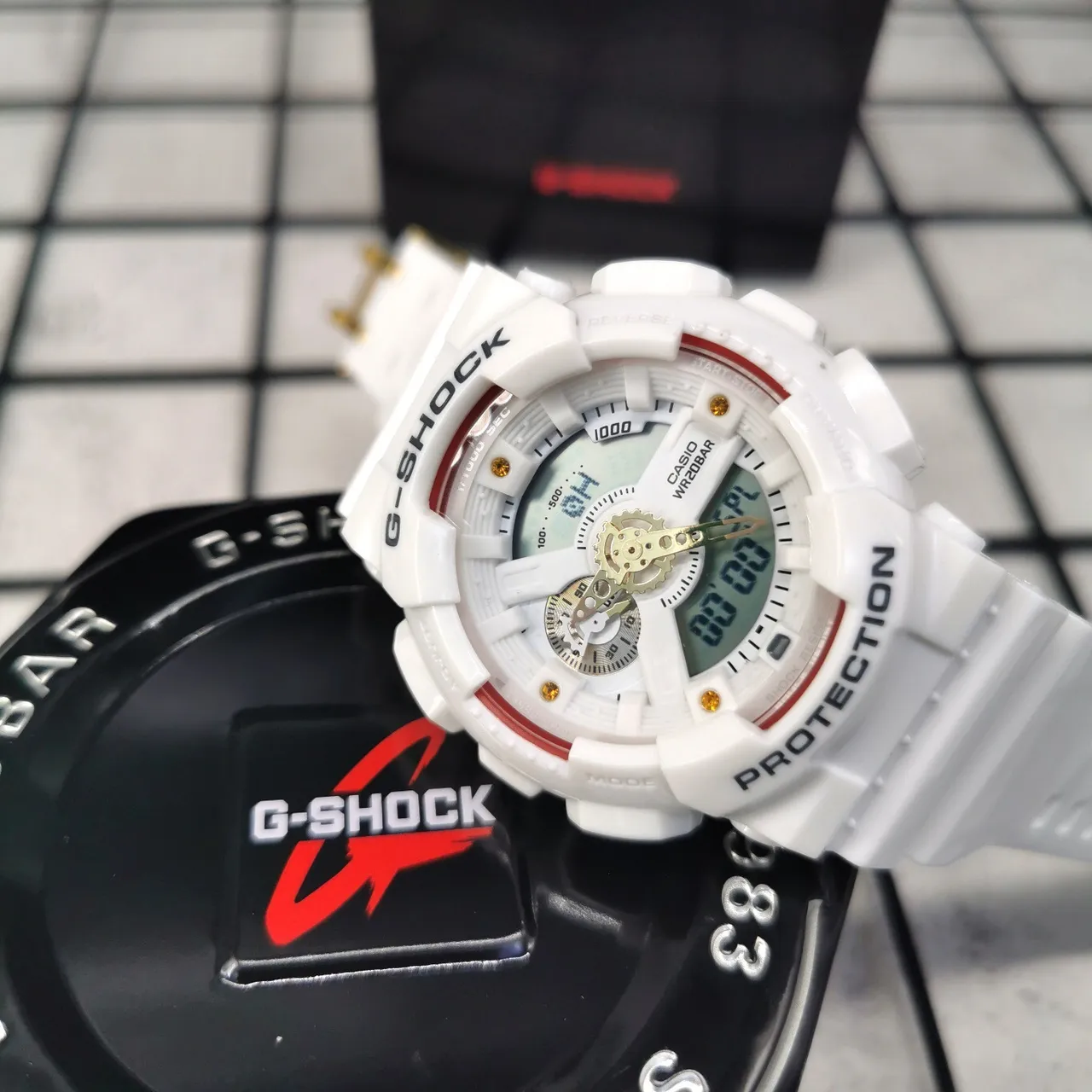 Casio G-Shock White Red Analog-Digital Hybrid Exposed Gear Detail Watch 3