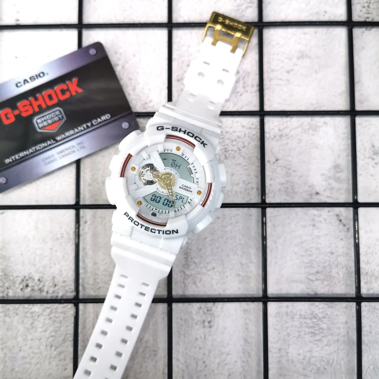 Casio G-Shock White Red Analog-Digital Hybrid Exposed Gear Detail Watch 5