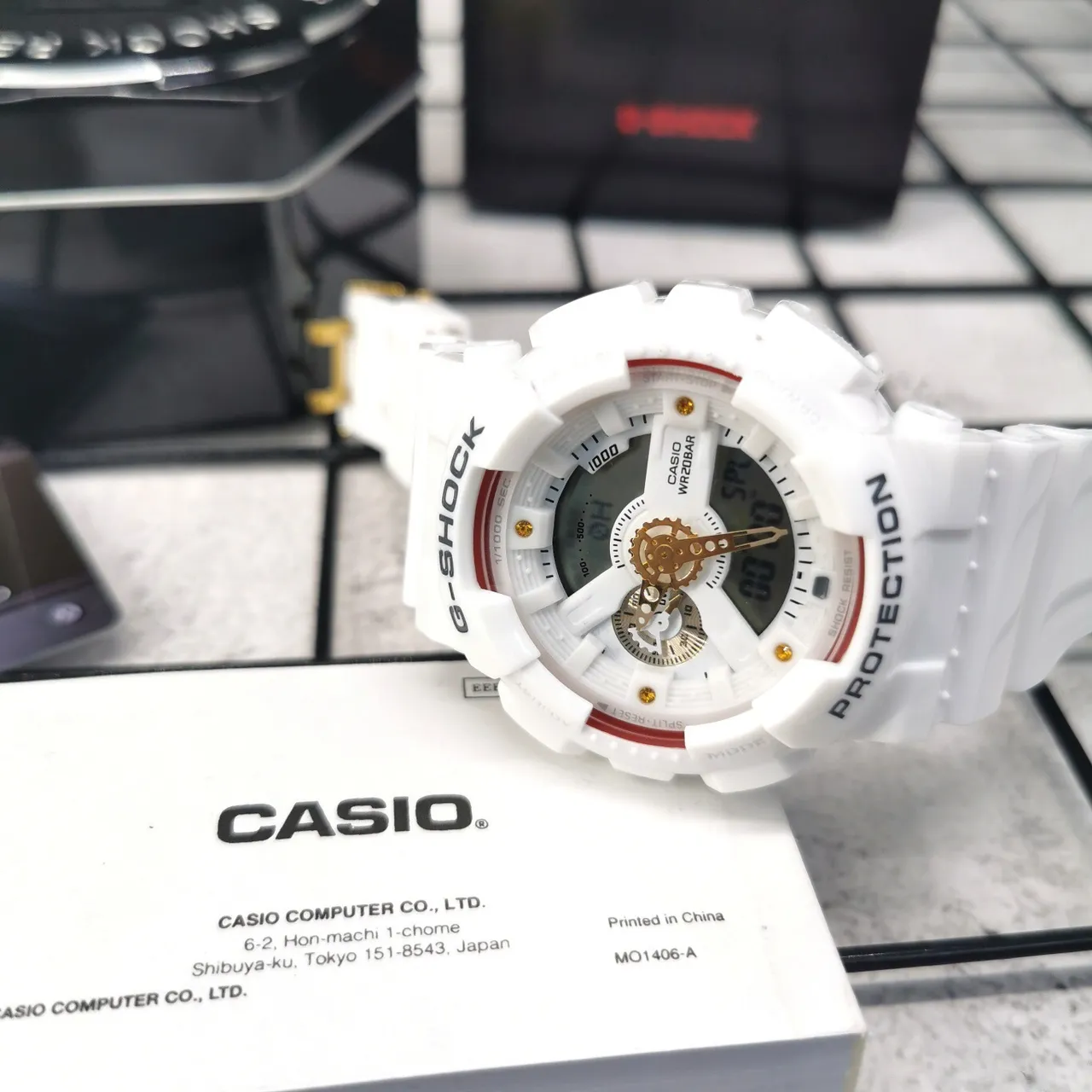 Casio G-Shock White Red Analog-Digital Hybrid Exposed Gear Detail Watch 6