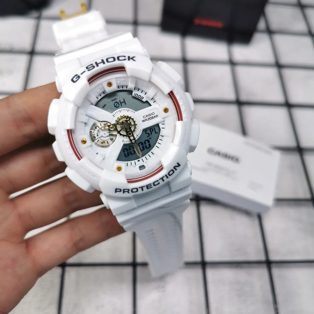Casio G-Shock White Red Analog-Digital Hybrid Exposed Gear Detail Watch 7