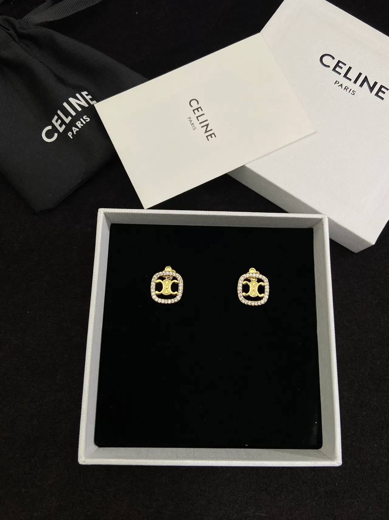 Celine Triomphe dourados Pavê Cristal quadrados brincos 4
