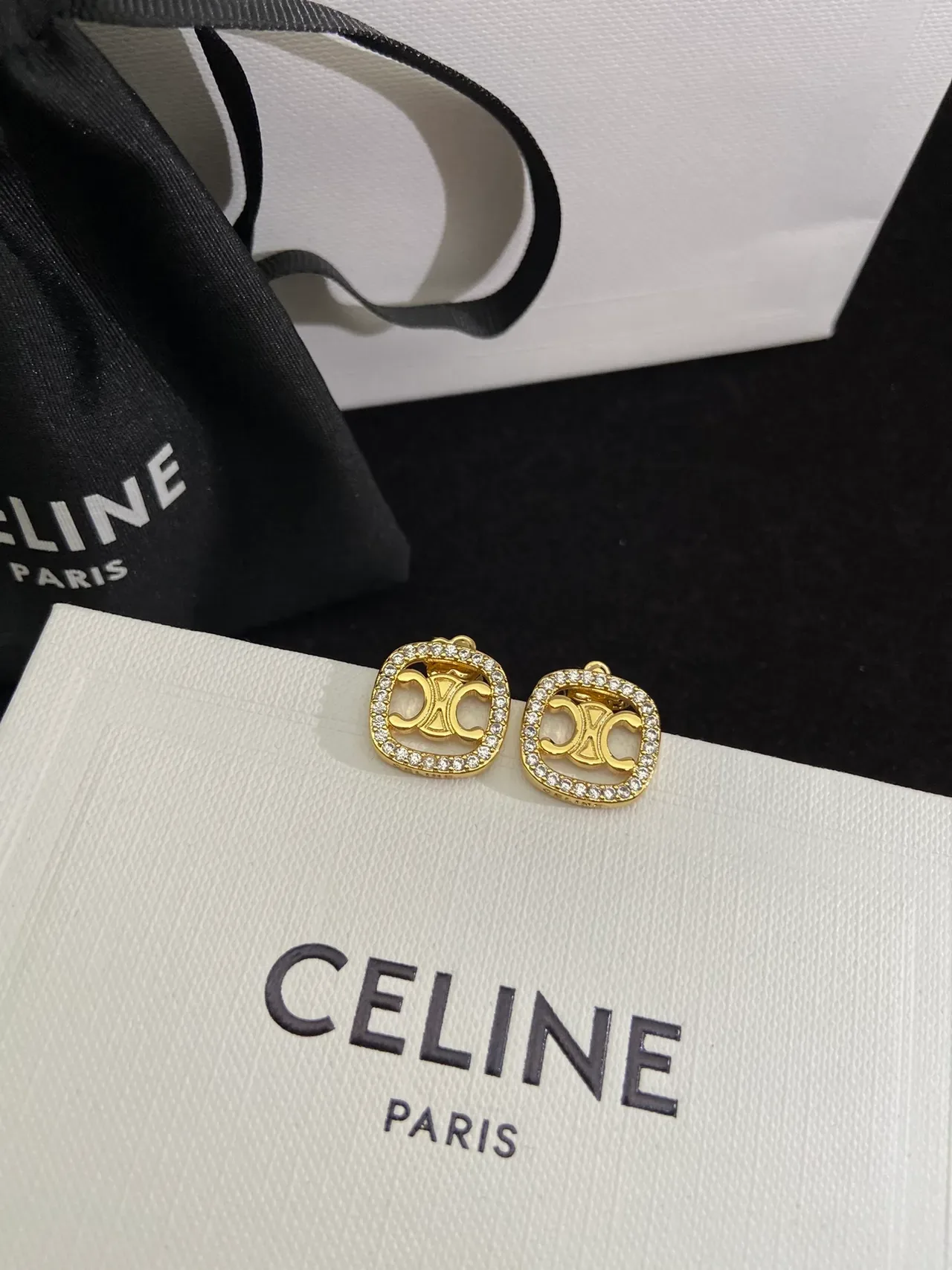 Celine Triomphe dourados Pavê Cristal quadrados brincos 5