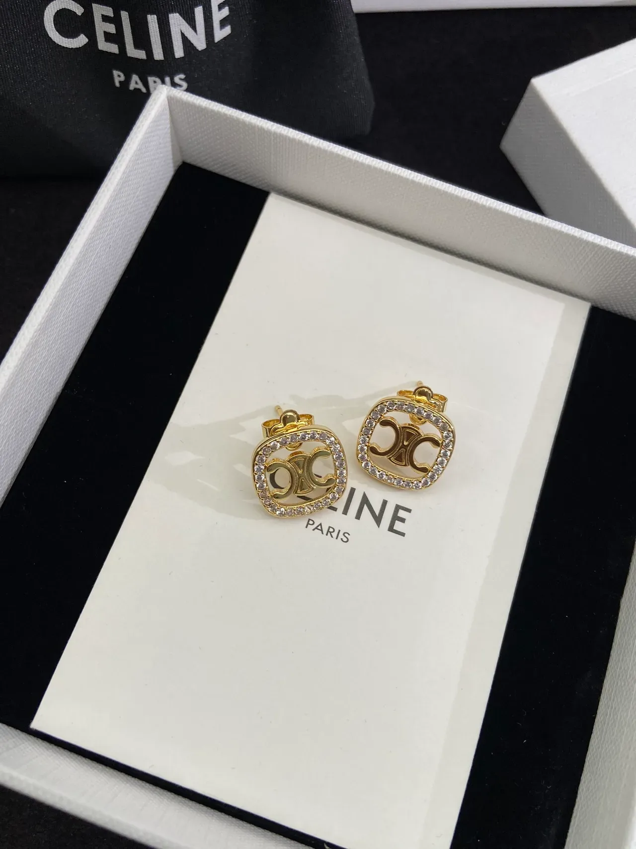 Celine Triomphe dourados Pavê Cristal quadrados brincos 6