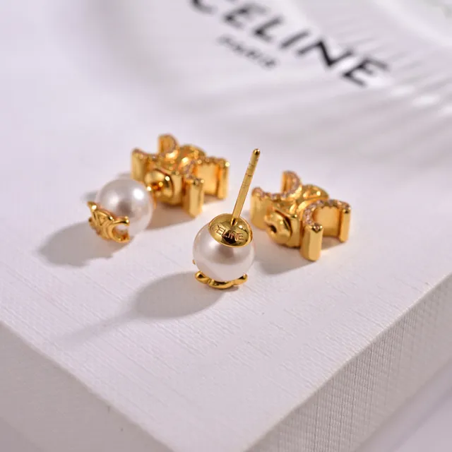 Celine Triomphe ذهبي أبيض نقش هندسي لؤلؤ مصنوعة أقراط قطرة 2