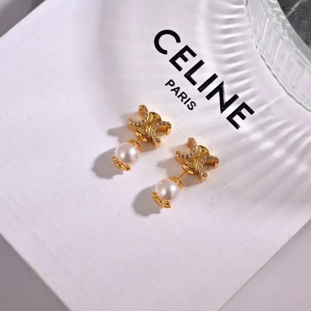 Celine Triomphe ذهبي أبيض نقش هندسي لؤلؤ مصنوعة أقراط قطرة 3
