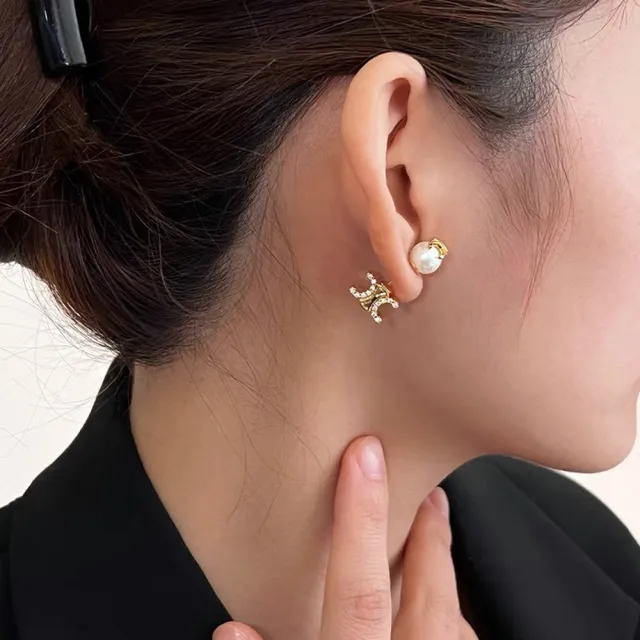 Celine Triomphe ذهبي أبيض نقش هندسي لؤلؤ مصنوعة أقراط قطرة 4