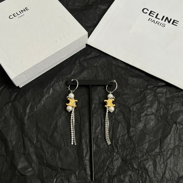 Celine Triomphe Pearl and Crystal Tassel Hoop Earrings 2