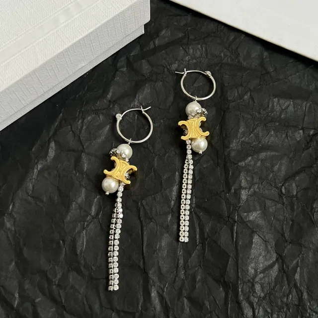 Celine Triomphe Pearl and Crystal Tassel Hoop Earrings 3