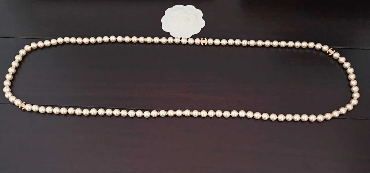 Chanel Collar de perlas Beige Dorado Doble Cadena 2