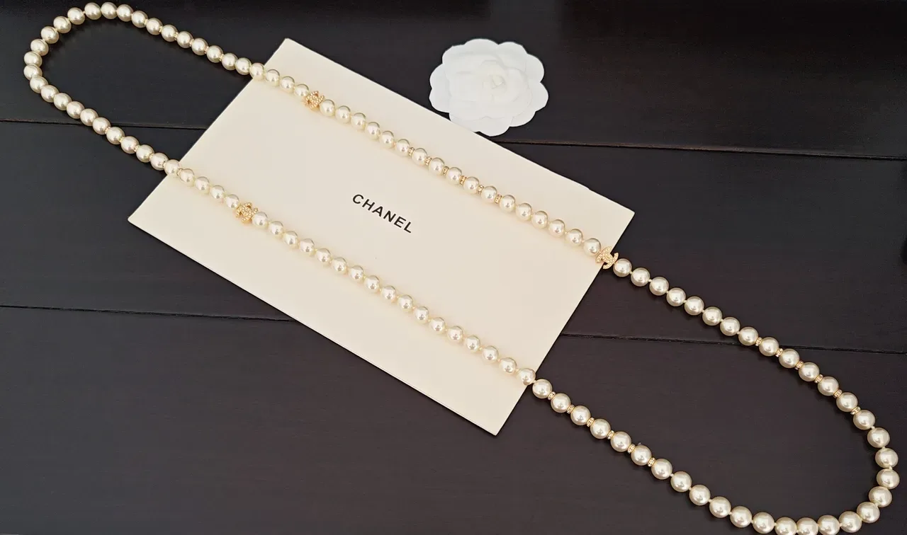 Chanel Collar de perlas Beige Dorado Doble Cadena 3