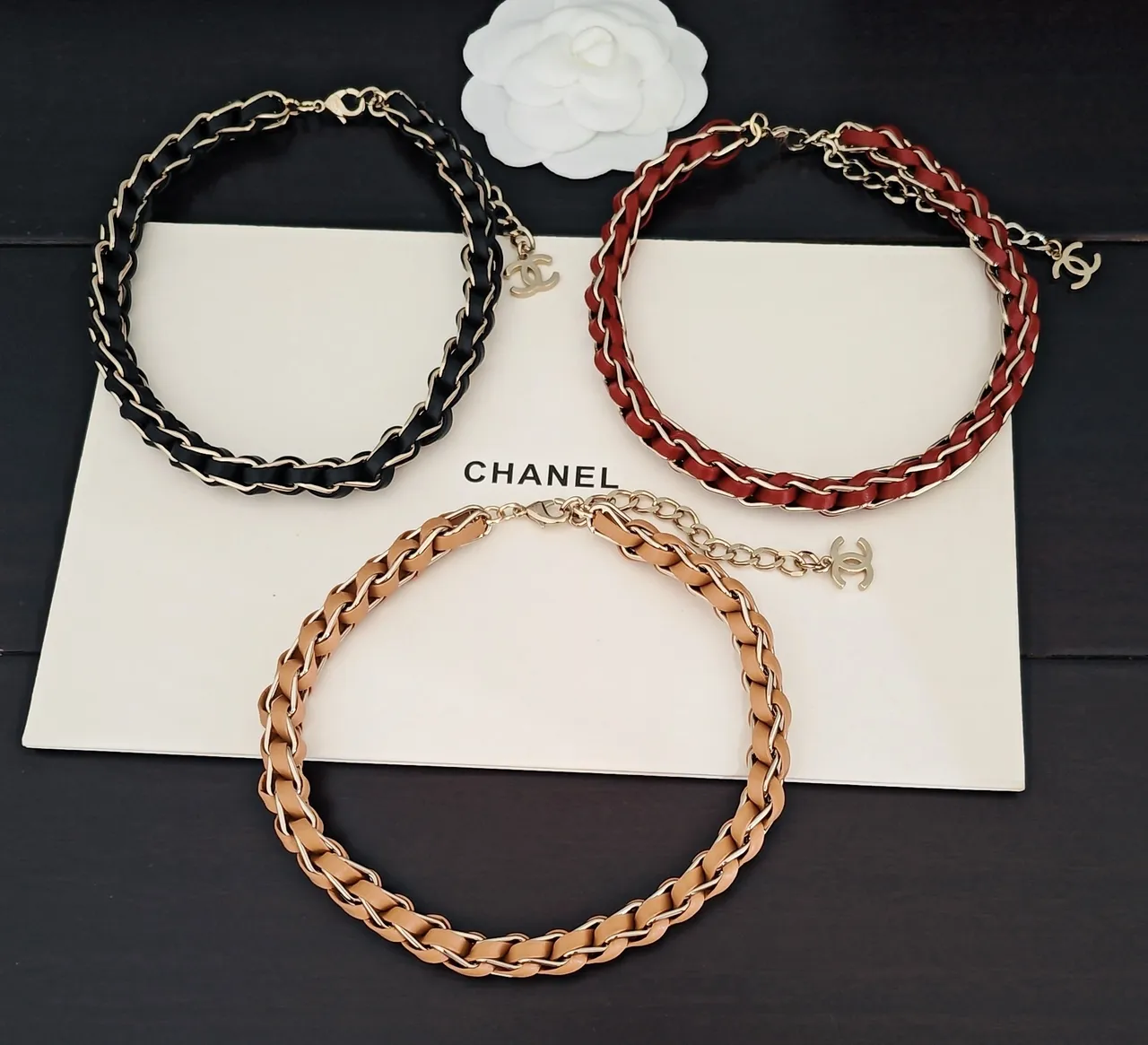 Chanel Black Gold Braided Leather-and-Metal Chain Interlocking CC Charm Necklace 2