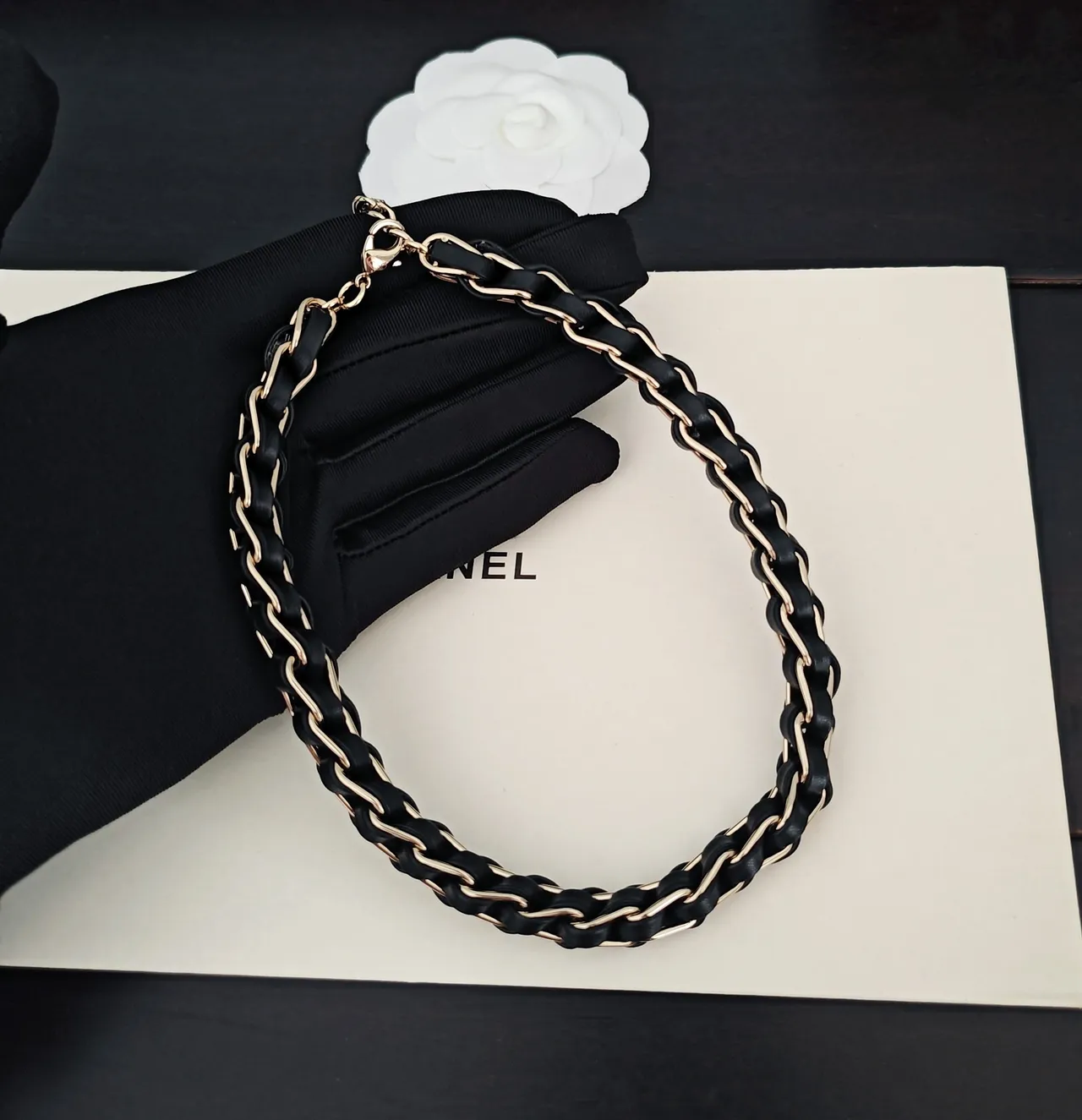 Chanel Black Gold Braided Leather-and-Metal Chain Interlocking CC Charm Necklace 3