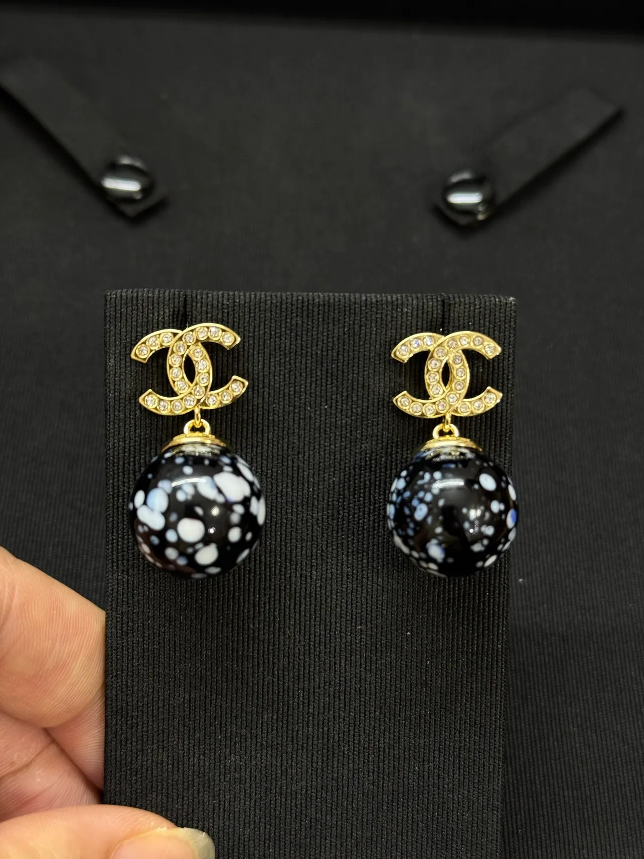Chanel Black Gold Crystal-Encrusted CC Logo Enameled Speckled Sphere Earrings 2