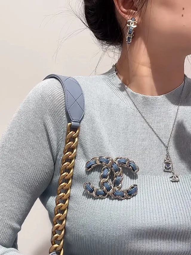 Chanel Blue Gold Large Hoop Fabric-Wrapped Earrings 5
