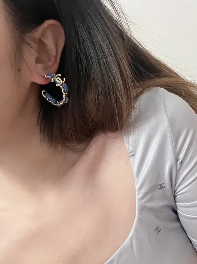 Chanel Blue Gold Large Hoop Fabric-Wrapped Earrings 6