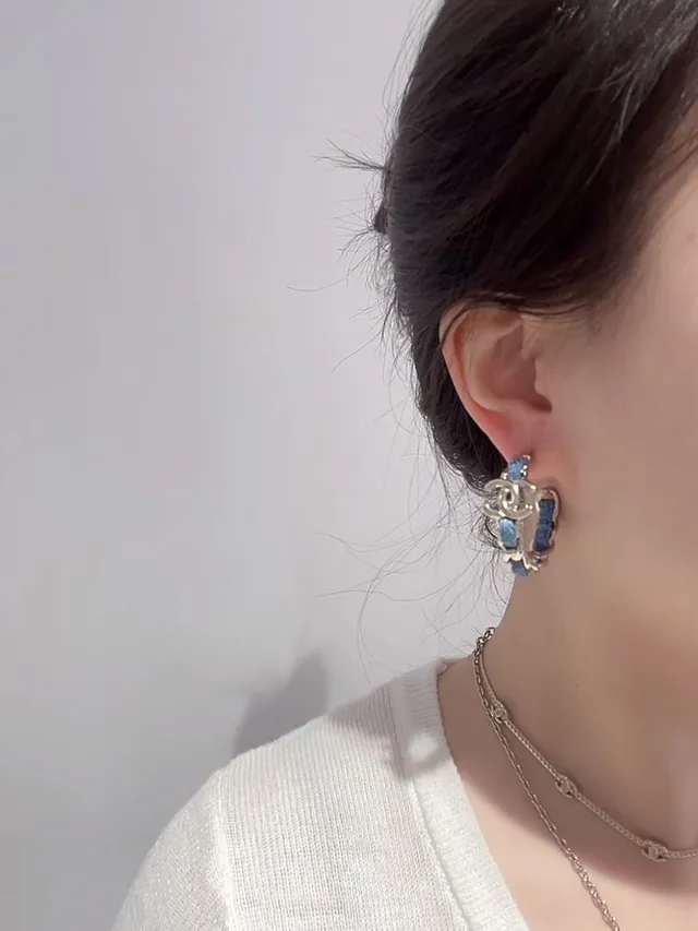 Chanel Blue Gold Large Hoop Fabric-Wrapped Earrings 8