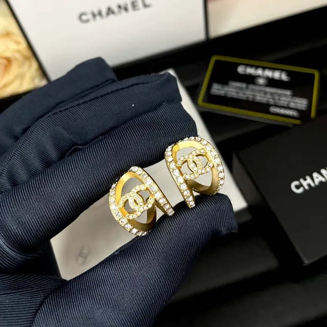 Chanel CC Logo Crystal-Pavé Gold-Tone Open Hoop Earrings 2