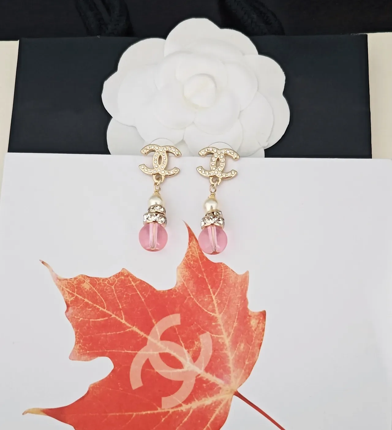 Chanel CC Logo Crystal Pearl Pink Bead Dangle Earrings 4