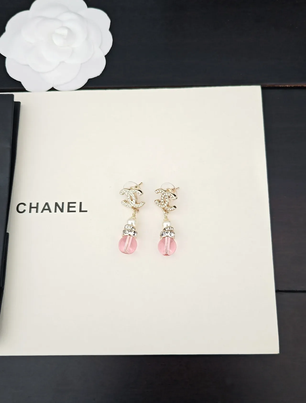 Chanel CC Logo Crystal Pearl Pink Bead Dangle Earrings 5