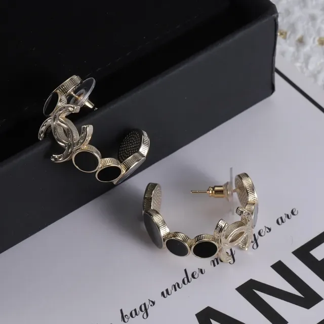 Chanel CC Logo Gold-Tone Black and White Stone Earrings 2