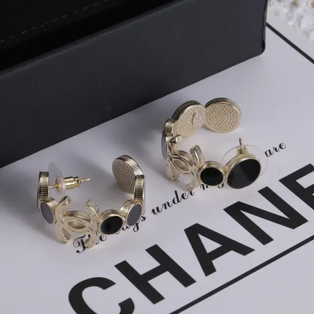 Chanel CC Logo Gold-Tone Black and White Stone Earrings 3