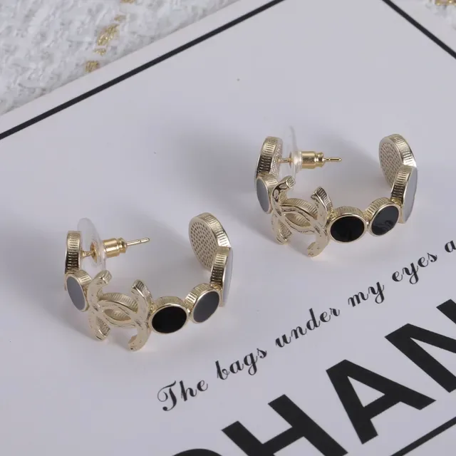 Chanel CC Logo Gold-Tone Black and White Stone Earrings 6