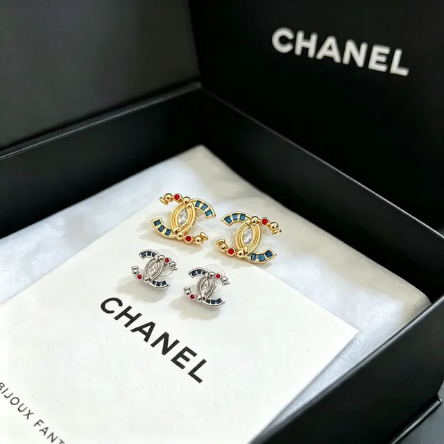 Chanel CC Logo Marquise Crystal Blue Red Enamel Earrings 4